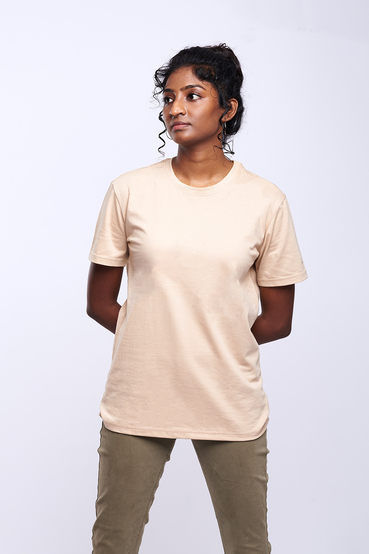 airgarb beige creame round neck cotton tshirt plain solid wearing medium size model