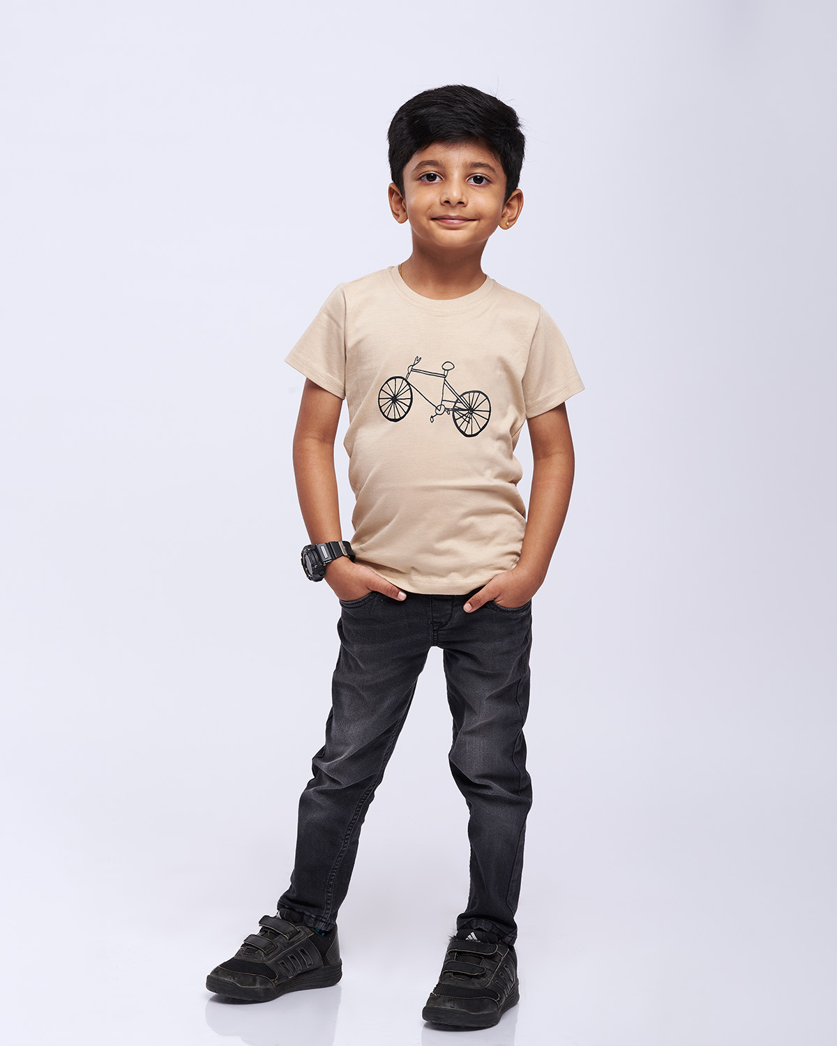 airgarb beige round neck cotton tshirt kids drawn cycle design