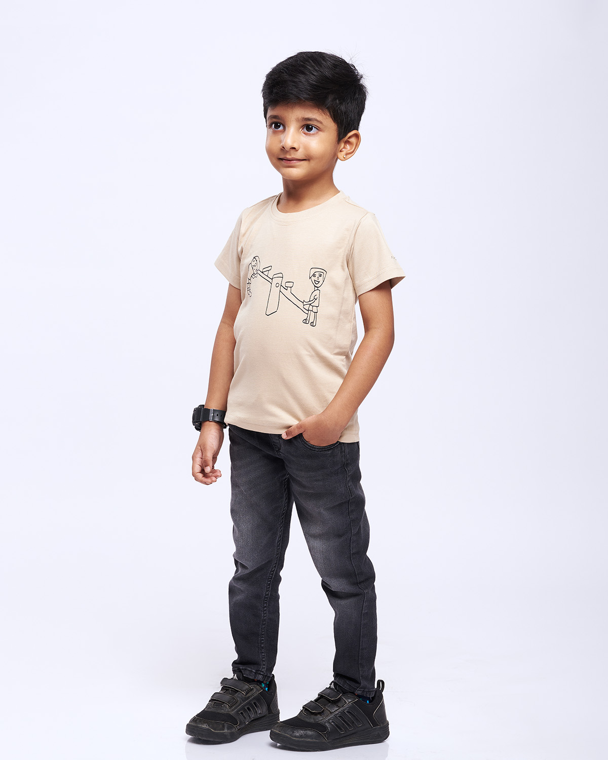 airgarb beige round neck cotton tshirt kids drawn see saw design