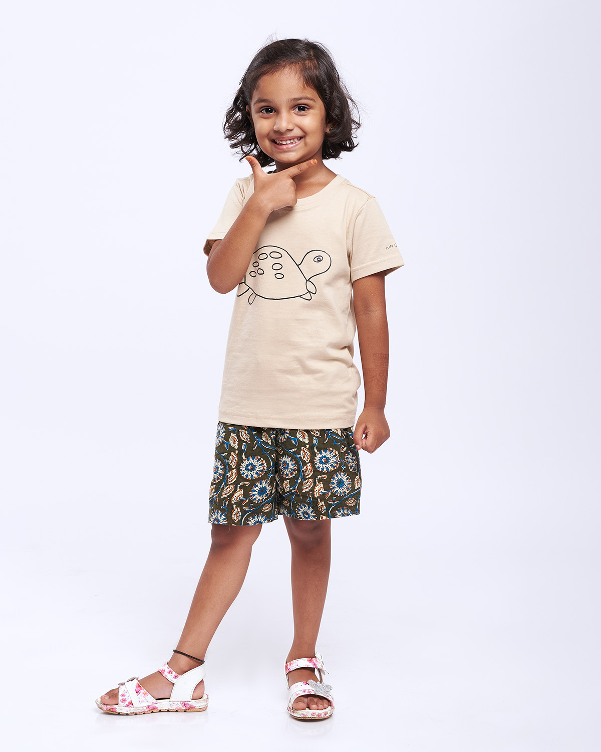 airgarb beige round neck cotton tshirt kids drawn tortoise design