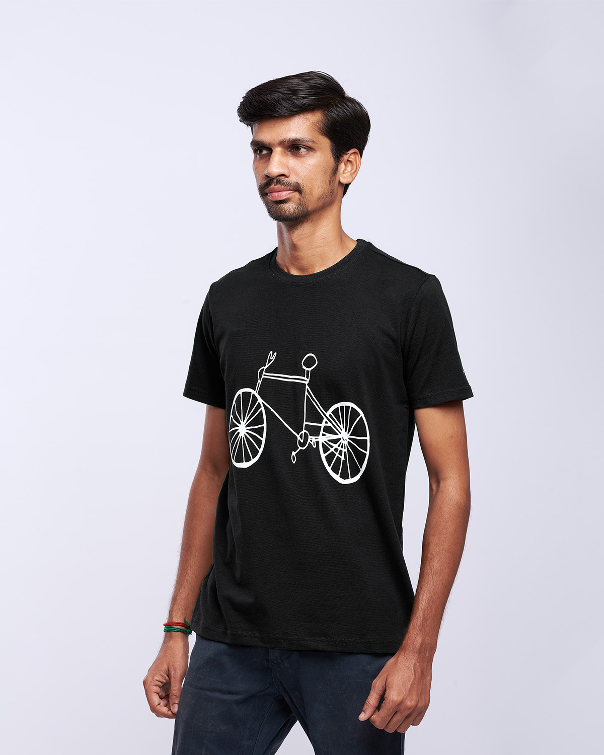 airgarb black round neck cotton printed cycle wearing model m size