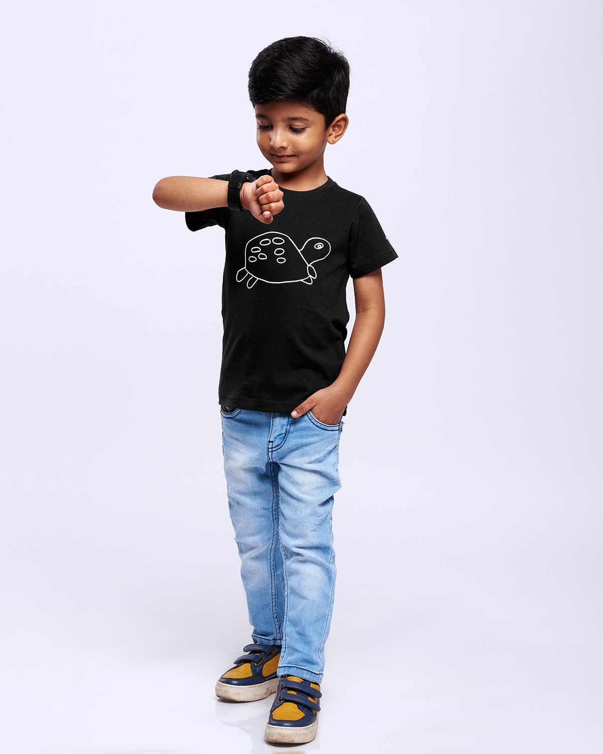 airgarb black round neck cotton tshirt kids drawn tortoise design