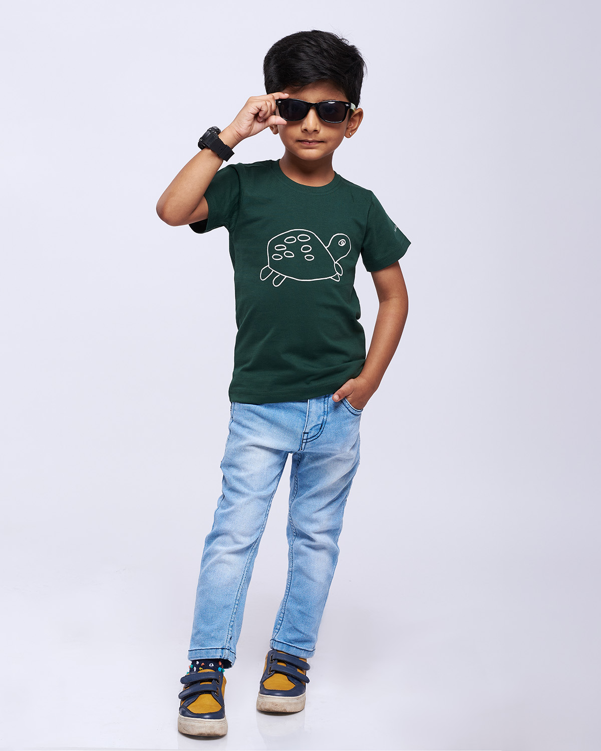 airgarb bottle green round neck cotton tshirt kids drawn tortoise design