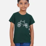 Kids' black cotton round neck t-shirt by AirGarb in bottle green with drawn cycle design.