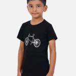 AirGarb kids' t-shirt featuring soft black cotton fabric, a round neck, and a stylish bottle green drawn cycle design, perfect for casual wear.