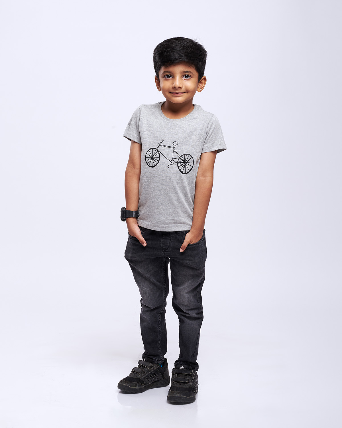 airgarb grey round neck cotton tshirt kids drawn cycle design