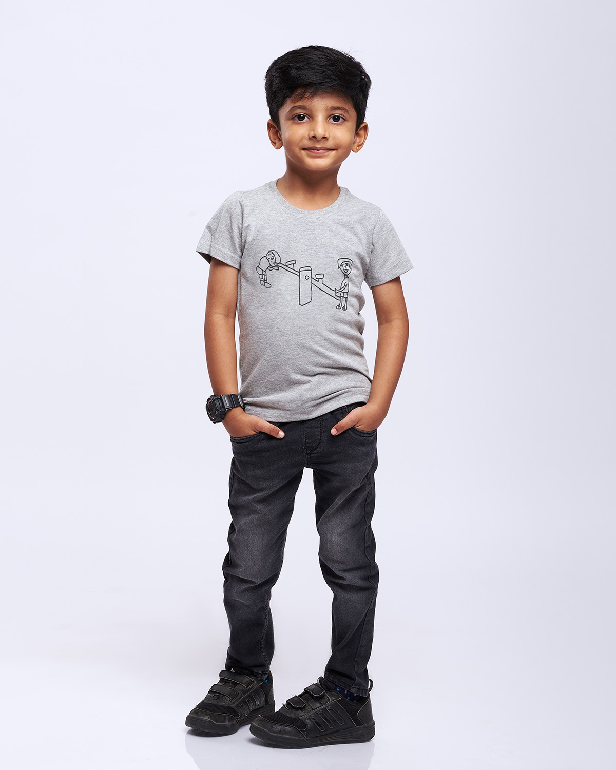 airgarb grey round neck cotton tshirt kids drawn see saw design