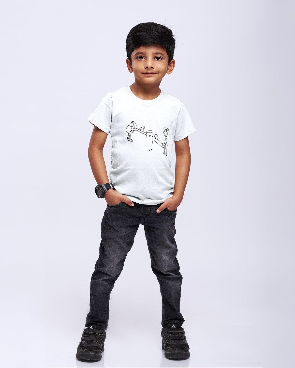 airgarb white round neck cotton tshirt kids drawn see saw design