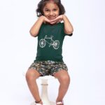 Kids' black cotton round neck t-shirt by AirGarb in bottle green with drawn cycle design.