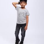 AirGarb kids' grey cotton round neck t-shirt with a cute drawn tortoise design.