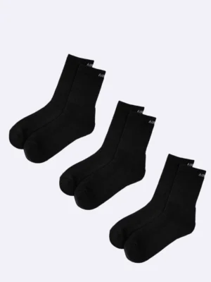 Three pairs of black crew length cotton socks with cushioning for men and women by Air Garb, ideal for comfort and style.