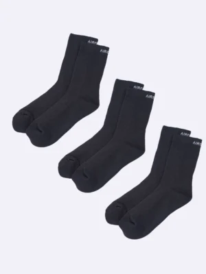 Three pairs of black crew length cotton socks with cushioning for men and women by Air Garb, ideal for comfort and style.