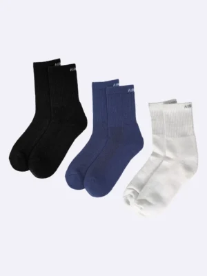 Three pairs of crew length cotton socks with cushioning for men and women by Air Garb, ideal for comfort and style.