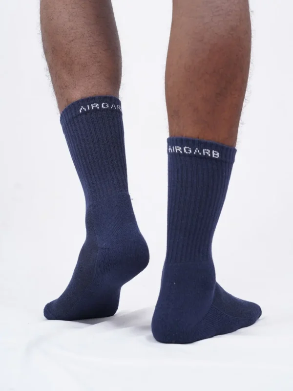 Three pairs of crew length cotton socks with cushioning for men and women by Air Garb, ideal for comfort and style.