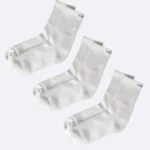 Pack of 3 white cotton crew socks with cushioned sole and breathable mesh, ideal for comfort and fast delivery