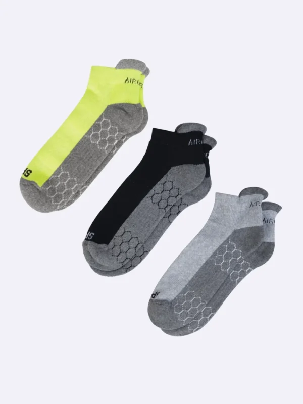 Three pairs of compression sports performance socks for men and women by Air Garb, designed to improve athletic performance and reduce fatigue, packaged in a convenient 3-pack.