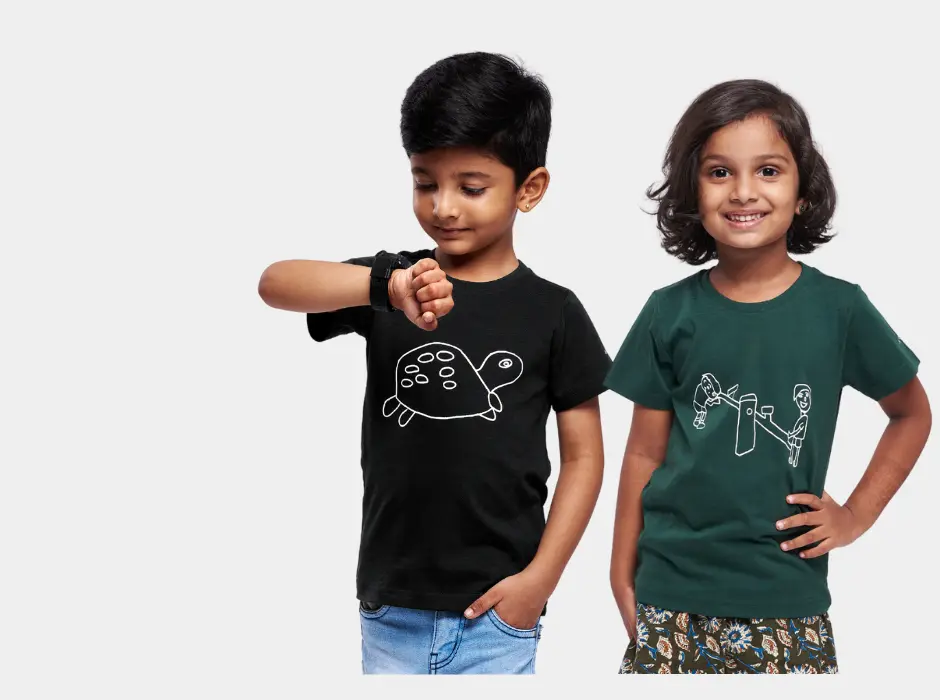 A comfortable Airgarb kids' cotton t-shirt featuring a unique design created by school children during a drawing competition